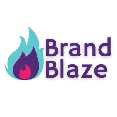 Best Marketing For Small Businesses. Image includes words Brand Blaze in purple with a fire image to the left of it in blue, purple and pink