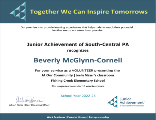 Junior Achievement JA Volunteer Certificate Beverly Cornell