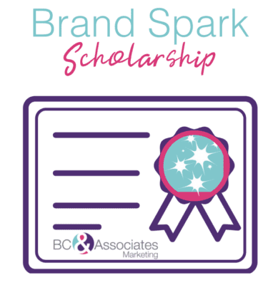 "Brand Spark Scholarship Logo - A certificate icon with a spark-emblazoned ribbon and the BC & Associates Marketing logo." "Brand Spark Scholarship logo featuring a stylized certificate with a ribbon symbolizing achievement, adorned with spark graphics, and the BC & Associates Marketing logo below."